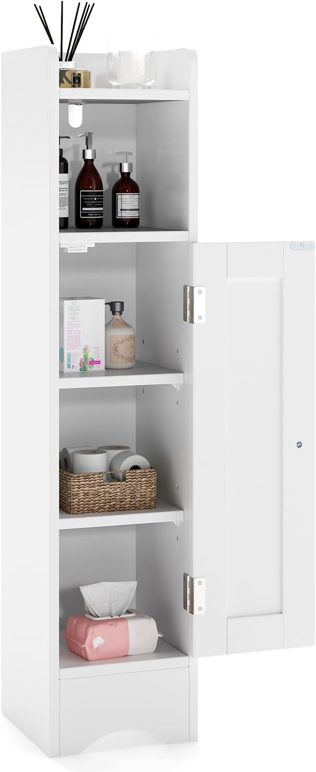 Tangkula Bathroom Storage Cabinet with Door, Toilet Paper Holder Stand with Adjustable Shelves & Open Compartment for Small Spaces, Narrow Freestanding Storage Organizer, 7 x 7.5 x 31.5 Inches (White)