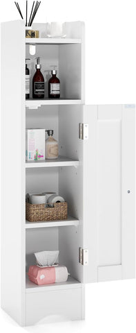 Tangkula Bathroom Storage Cabinet with Door, Toilet Paper Holder Stand with Adjustable Shelves & Open Compartment for Small Spaces, Narrow Freestanding Storage Organizer, 7 x 7.5 x 31.5 Inches (White)