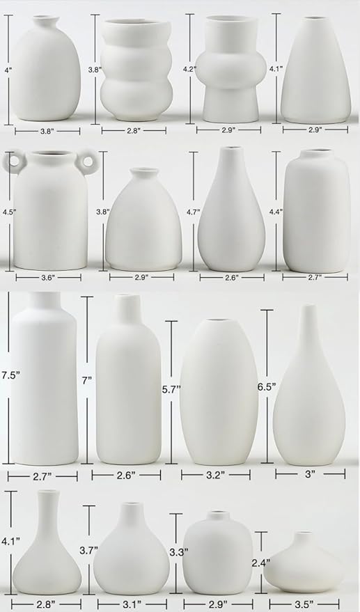 Set of 16 White Ceramic Bud Vases, Minimalist Boho Small Pampas Grass Flower Vase for Farmhouse Home Decor, Wedding Centerpiece, Shelf and Table Decoration