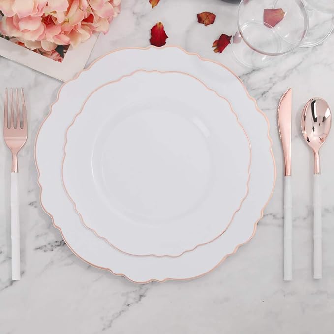 WDF 60pcs Rose Gold Plastic Plates-Baroque White &Rose Gold Disposable Plates including 30Plastic Dinner Plates 10.25inch, 30 Salad Plates 7.5inch for Wedding & Parties