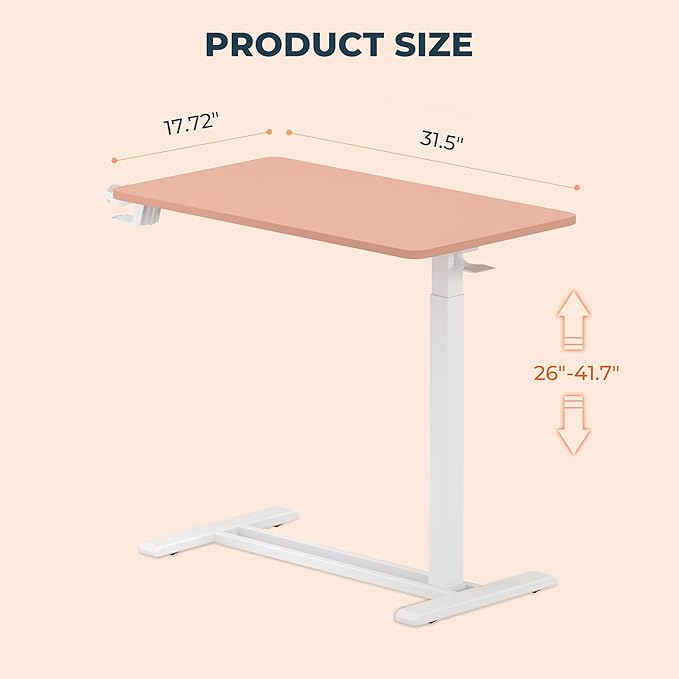 Medical Overbed Adjustable Bedside Table with Hidden Casters, Pneumatic Mobile Rolling Laptop Standing Desk with Tray for Home and Hospital Use, Pink