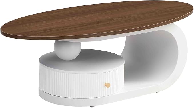 2 Piece Living Room Set, Storage Drawer, Modern Nest Coffee Table Set of 2, Wooden Brown Tabletop Oval Coffee and End Table Set with White Iron Geometric Base