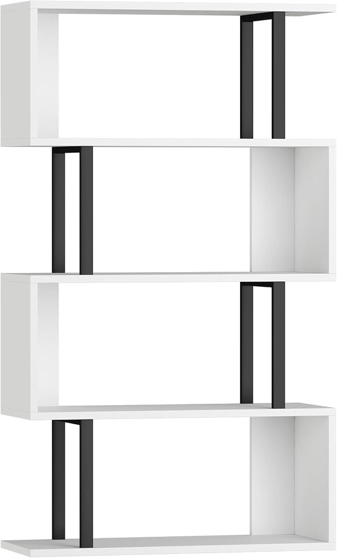 Yusong Geometric Bookcase, S Shaped Bookshelf 4-Tier Book Shelves for Bedroom, Modern Wood Decorative Display Shelf Tall Book Case for Home Office, Black and White