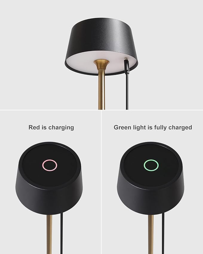 DAWALIGHT Cordless Lamp 4000mAh Rechargeable tbale lamp LED Desk Lamp Tempered Glass Stepless Dimming Black and Gold Battery Operated Portable Cordless 2700K Gold Base