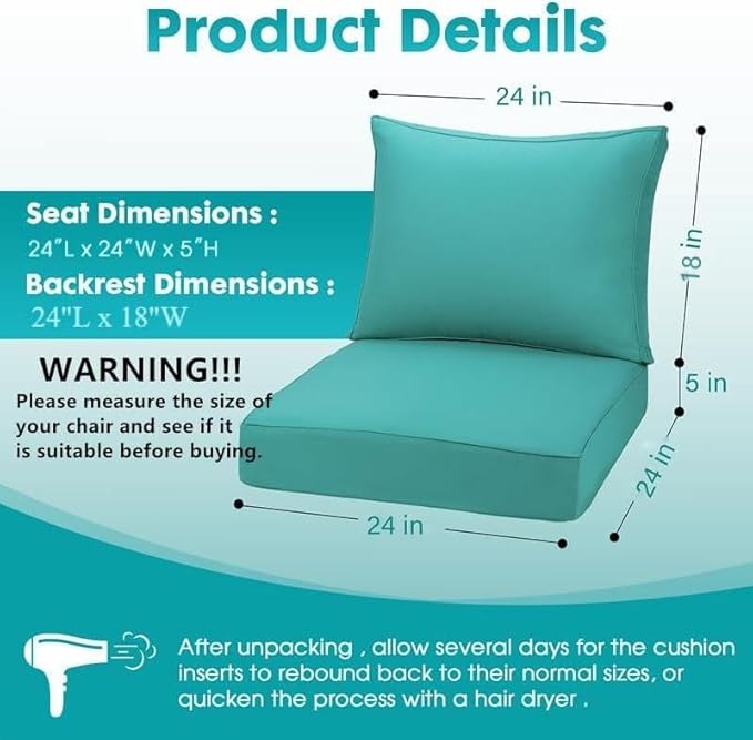 Outdoor Deep Seating Cushion Set, 24" x 24", Waterproof & Fade Resistant Patio Furniture Cushions with Handle, Deep Seat and Back Cushion for Chair and Sofa (2, Green)