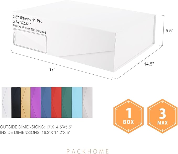 PACKHOME 17x14.5x5.5 Inches, 3 Extra Large Gift Boxes with Lids, Magnetic Closure Boxes for Clothes and Large Gifts (Matte White with Grain Texture)