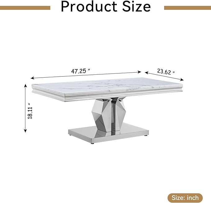 SSLine Rectangular Faux Marble Coffee Table for Living Room Modern Luxury White Marble Center Table with Silver Pedestal Base 46.8" Mid-Century Cocktail Table with Mirrored Stainless Steel Frame