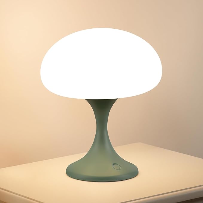 Mushroom Lamp, 5W LED Cordless Rechargeable Table Lamp with Glass Shade, Small Retro Dimmable Touch Light with 3 Color Temps, Aesthetic Mid Century Bedside Light for Bedroom Ambient, Green