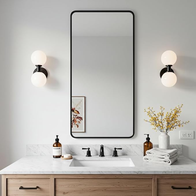20"x36" Bathroom Wall Mirror with Matte Black Metal Frame & HD Glass, Copper-Free Mirrors Modern Rectangle Round Corner Framed Vanity Mirror - Horizontal or Vertical Installation