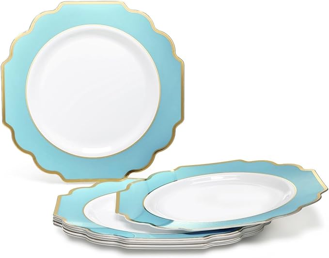 " OCCASIONS " 80 Plates Pack,(40 Guests) Heavyweight Premium Wedding Party Disposable Plastic Plates Set -40 x 10.5'' Dinner + 40 x 8'' Salad/Dessert (Imperial Aqua & Silver)