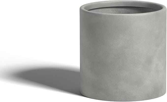 DTY Signature Mount Powell Fiberstone Planter - 12 Inch Medium Gray Cylindrical Mid-Century Modern Home Decor Indoor & Outdoor Plant Pot - Durable Planters for Indoor Plants, Outdoor Spaces