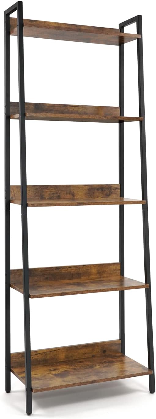 CAPHAUS 5 Tier Ladder Bookshelf, 24 Inch Width Free Standing Shelf, Bookcase Shelf Storage Rack Organizer, Industrial Book Shelves for Home Office, Living Room, Kitchen, Rustic Oak, Vintage Shelves
