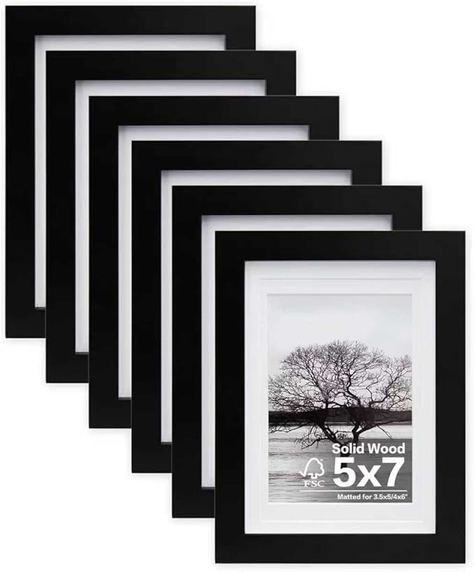 Egofine 5x7 Picture Frames 6 PCS - Made of Solid Wood Covered by Plexiglass Matted for 4x6 and 3.5x5 for Table Top Display and Wall Mounting photo frame Black