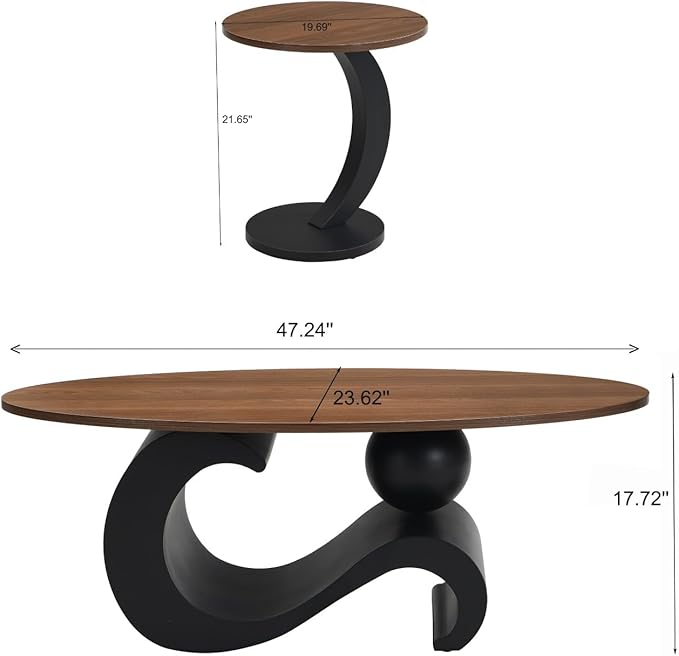 2 Piece Living Room Set, Modern Nest Coffee Table Set of 2, Wooden Brown Tabletop Oval Coffee and End Table Set with Black Metal Geometric Base