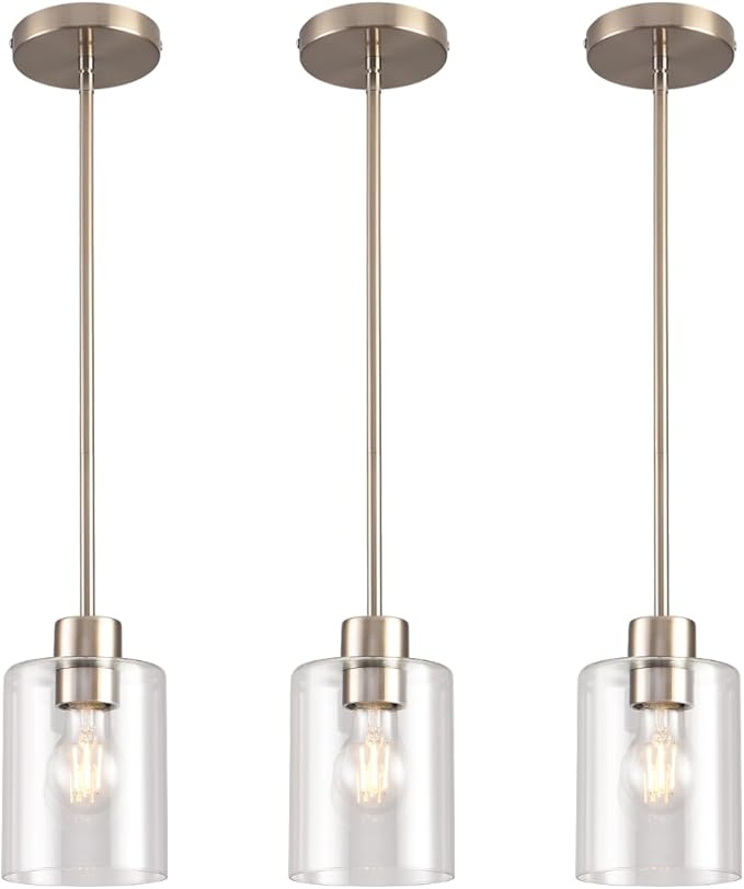 Brushed Nickel Pendant Lights Kitchen Island - Clear Glass Pendant Light Fixture Multiple Stems Rods 3 Units 12 Inch 3 Units 4 Inch (3 Pack Brushed Nickel)