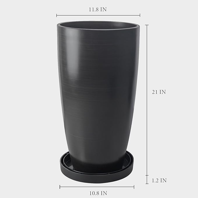 ZMTECH 21 Inch Tall Outdoor Planters Set of 2 Round Tall Plant Pots for Outdoor/Indoor with Shelf Inset, Dark Brown Glossy Smooth Finish - Large Plastic Pots with Drainage Holes for Front Porch Patio