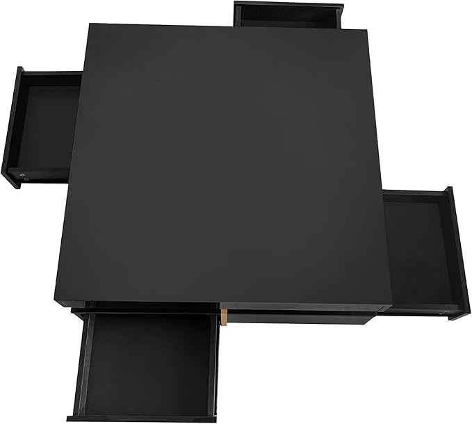 Modern Coffee Table with Storage, Contemporary Square Coffee Table with Drawers, High Gloss Modern Center Table for Living Room, Reception Room, Office, Black, 31" D X 31" W X 11" H