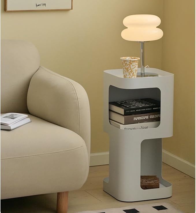 Modern Side Table,Small end Table for Small Spaces,Metal nightstand with Storage Shelf,Space-Saving Bedside Table Accent Table Drink Tables for Living Room,Bedroom.No Assembly Required (White)