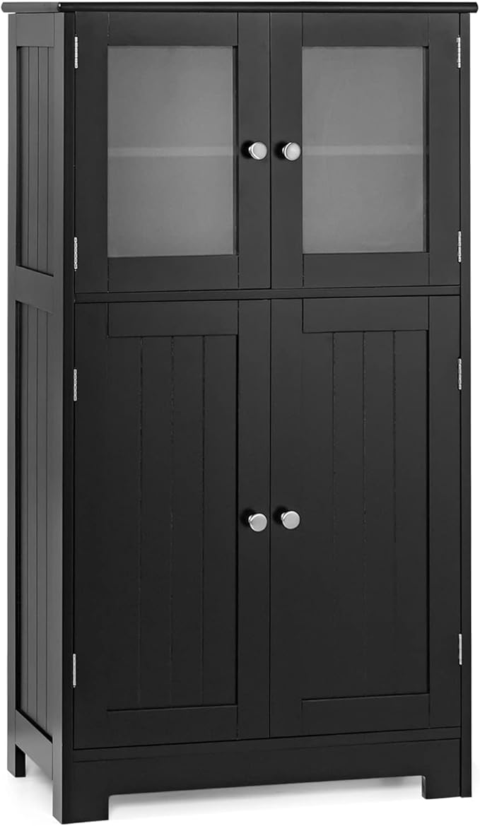 GOFLAME Bathroom Storage Cabinet, Freestanding Storage Cabinet with 4 Doors, Wooden Kitchen Cupboard with Adjustable Shelf, Buffet Sideboard, Multipurpose Home Organizer for Bathroom, Kitchen, Black