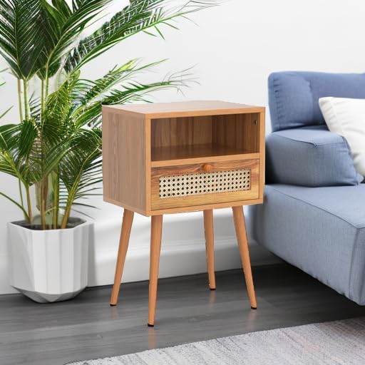 Nightstand Bedside Table Small Nightstand with Drawers Rattan Side Table End Tables Bedroom Wood Mid Century Modern Nightstands