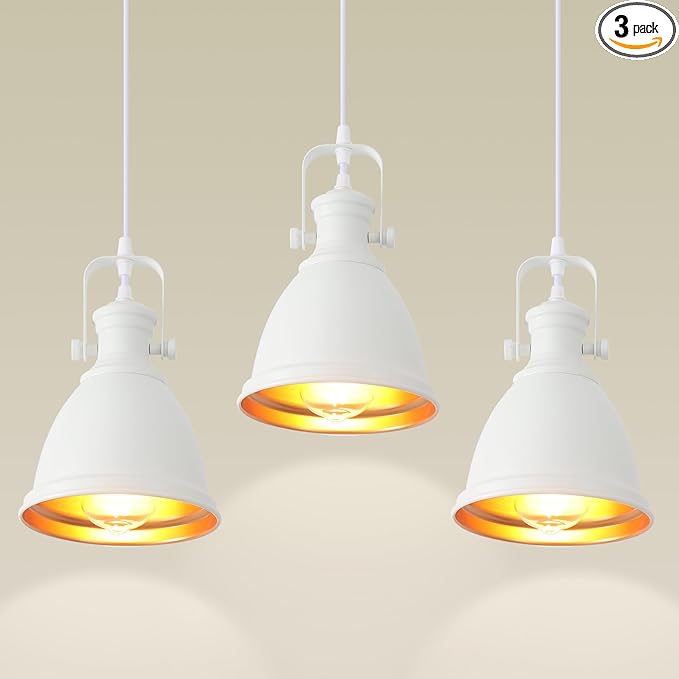 White Pendant Lights Kitchen Island 3 Pack, Vintage Pendant Light, 6.5’’ Farmhouse Pendant Light Fixtures, Adjustable Height, Pendant Lighting for Dining Room, Living Room, Sink, Bar