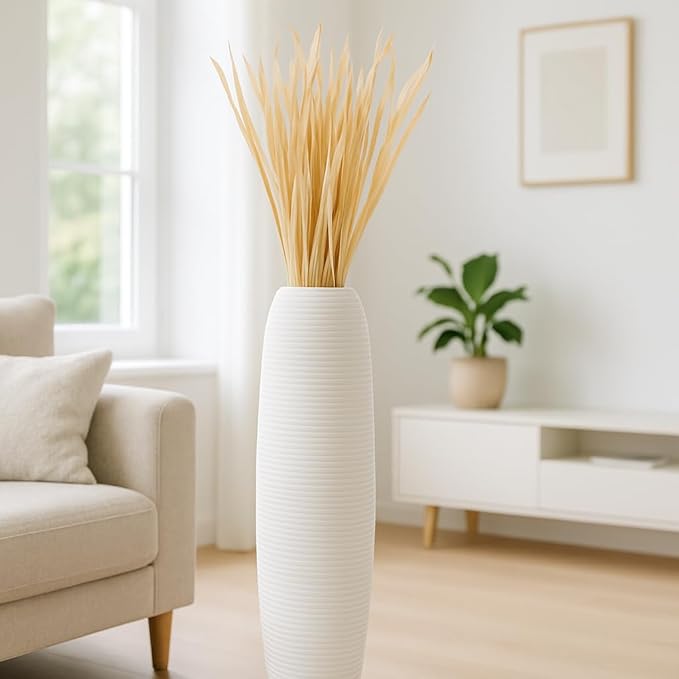 Leewadee Large White Home Decor Floor Vase – Wooden 36 inches Tall Farmhouse Decor Flower Holder for Fake Plant and Pampas Grass