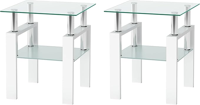 IANIYA 2PCS Modern Glass End Table, 2-Tier Side Table with Tempered Glass Top & Metal Legs, Night Stand Corner Table for Living Room, Bedroom, White