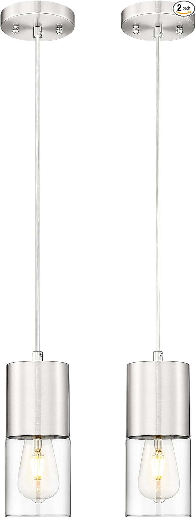 2-Pack Pendant Lights Kitchen Island, Brushed Nickel Hanging Lights Fixtures with Cylinder Clear Glass, Industrial Kitchen Pendant Lighting Over Island for Dining Room, AD-24023-1P2-SN