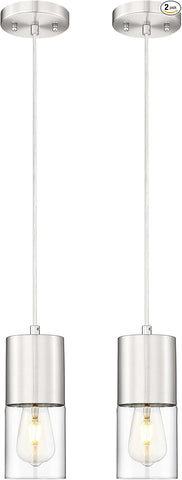 2-Pack Pendant Lights Kitchen Island, Brushed Nickel Hanging Lights Fixtures with Cylinder Clear Glass, Industrial Kitchen Pendant Lighting Over Island for Dining Room, AD-24023-1P2-SN