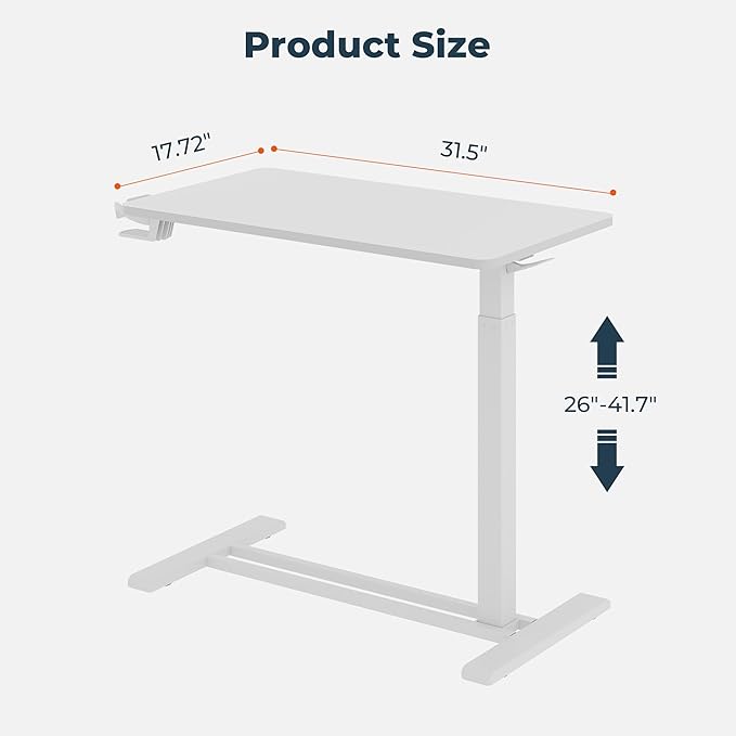 Medical Overbed Adjustable Bedside Table with Hidden Casters, Pneumatic Mobile Rolling Laptop Standing Desk with Tray for Home and Hospital Use, White Table Top + White Edging