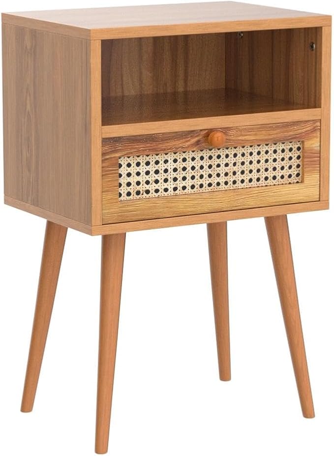 Nightstand Bedside Table Small Nightstand with Drawers Rattan Side Table End Tables Bedroom Wood Mid Century Modern Nightstands