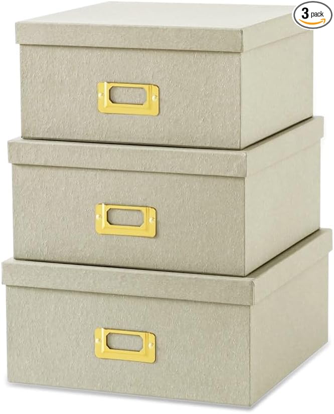 Soul & Lane Light Gray Kraft Paper Boxes for Storage, Set of 3 Square Stacking Boxes with Lids and Gold Label Holders, Decorative Photo Storage, Nesting Cardboard Containers for Organizing