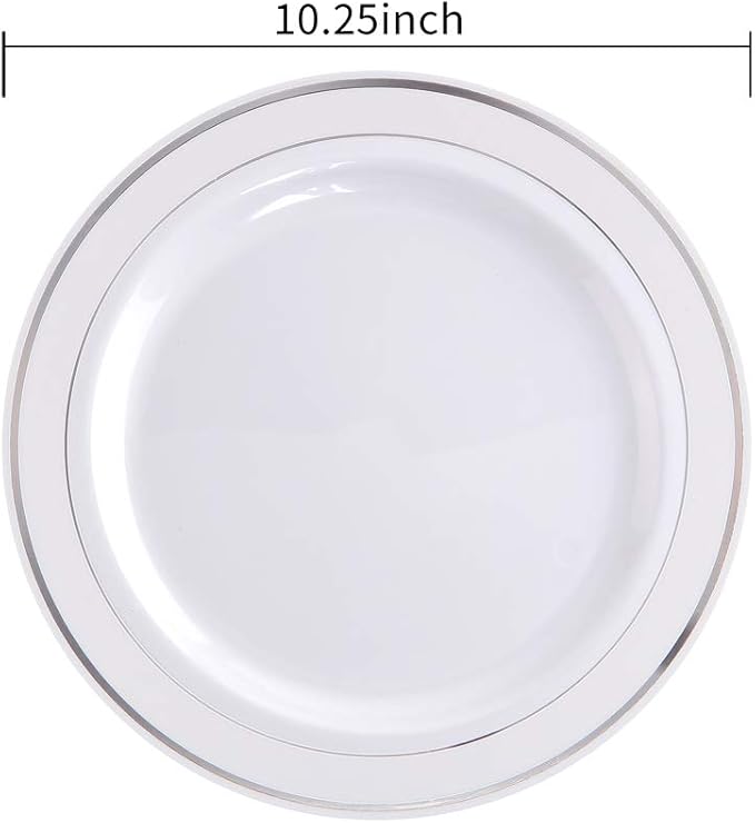 bUCLA 100Pieces Silver Plastic Plates - 10.25inch Silver Rim Disposable Dinner Plates - Ideal for Weddings, Parties&Christmas