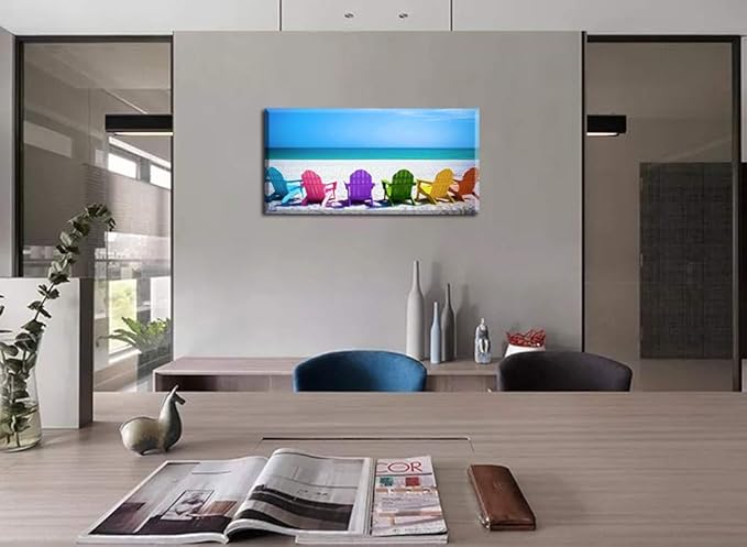 Beach Canvas Wall Art for Living Room, PIY Blue Sea with Colorful Chairs Picture Prints Decor, Relax Leisure Time Home Decorations (Waterproof, Bracket Mounted Ready Hanging, 24x48 Large)