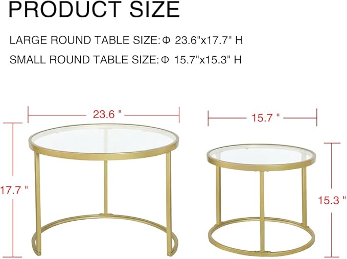 Round Nesting Coffee Table Gold Set of 2 for Living Room, Modern Side Tables with Sturdy Metal Frame and Tempered Glass.Minimalist End Table,Cocktail Table for Dining Room,Home Decor