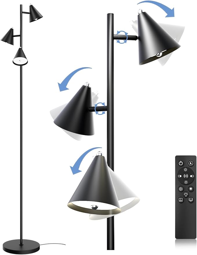 Floor Lamp 3 LED Lights with Magnetic Remote Control Tall Standing Rotatable Dimmable Lighting 5 Color Temperatures 6500K 25W 63" for Bedroom Reading Room Office
