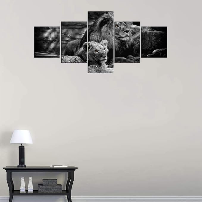 Yatsen Bridge 5 Piece Lion Picture Wall Decor Black and White Lion and Lioness Picture Printed on Canvas Modern Gallery-Wrapped Lion Painting Ready to Hang for Home and Office Decor - 50''W x 24''H