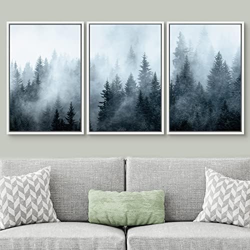 SIGNWIN Framed Canvas Print Wall Art Set Winter Fog Mist Pine Tree Mountain Forest Nature Wilderness Photography Modern Art Landscape Relax/Calm for Living Room, Bedroom, Office - 16"x24"x3 White