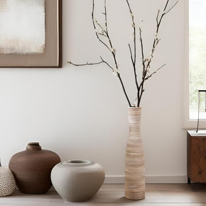 ALMA 17" Tall Floor Vase for Pampas Grass,White Brown Ceramic Centerpiece for Dresser,Skinny Pampas Grass Vessel for Floor,Entryway Table,Fireplace Decor