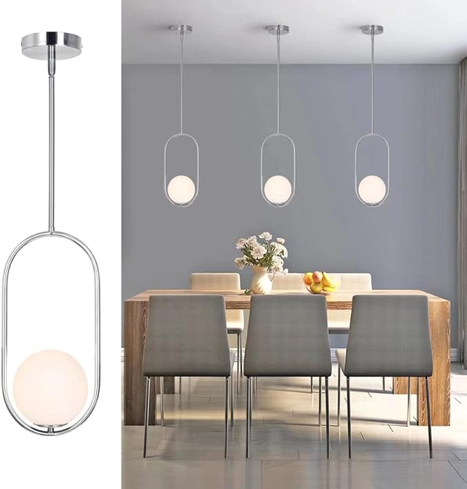 SeeU Pendant Lighting Modern Style Chrome Chandelier,Single Hanging Light Fixture Milky Glass Globe Lampshade Pendant Light Fixture for Kitchen Island,Dinning Room Bedroom