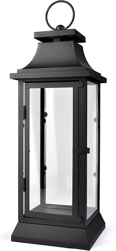 Serene Spaces Living Set of 4 Black Hurricane Lanterns with Clear Glass Panels - Ideal for Home Decor, Parties & Events - Table Top or Hanging Lantern for Indoor & Outdoor Use - Measures 15" Tall