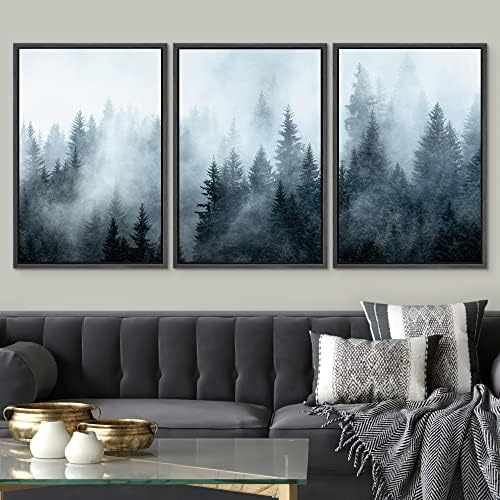 SIGNWIN Framed Canvas Print Wall Art Set Winter Fog Mist Pine Tree Mountain Forest Nature Wilderness Photography Modern Art Landscape Relax/Calm for Living Room, Bedroom, Office - 16"x24"x3 Black