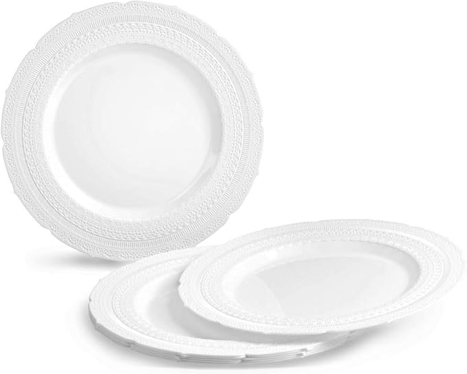 " OCCASIONS " 240 Plates Pack,(120 Guests) Extra Heavyweight Vintage Wedding Disposable/Reusable Plastic Plates 120x11'' Dinner + 120x8.25'' Salad/Dessert Plate (Chateau White)