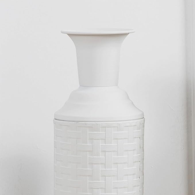 Tall Floor Vase for Pampas Grass, Extra Large Vase Decor, Set of 3 Floor Vases Decorative Tall Vases Home Decor, Metal Material, Handcrafted Rattan Pattern, Matte White