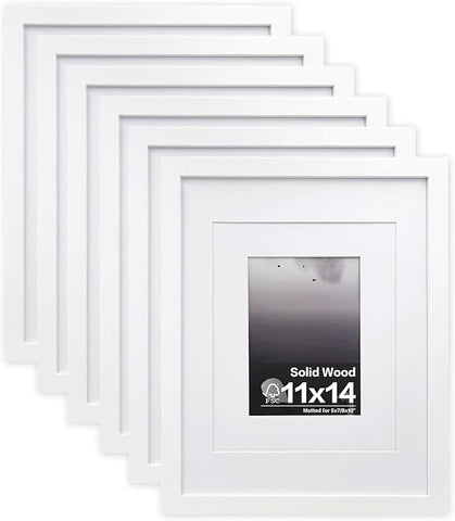 Egofine 11x14 Picture Frames Made of Solid Wood 6 PCS White Covered by Plexiglass - for Table Top and Wall Mounting for Pictures 8x10 or 5x7 with Mat Horizontally or Vertically Display Photo Frame