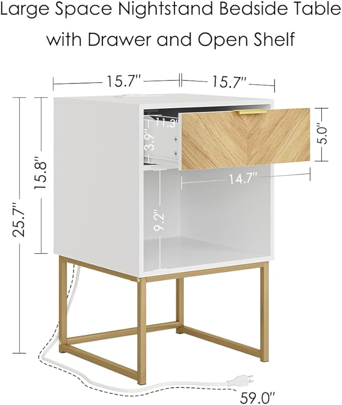 Masupu Extra Large Nightstand with Charging Station,Boho Night Stand Modern Farmhouse Wood Bedside Table with Storage Drawer and Open Shelf,Side End Table for Bedroom,Living Room,Office White