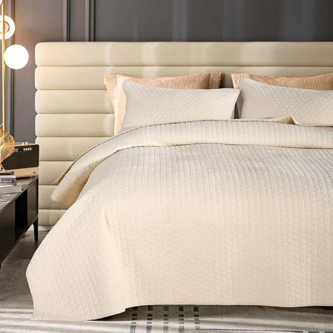 Velvet Quilt Twin Size Set,Luxurious Reversible Quilted Bedspread Bedding Set, Lightweight Coverlet with Brushed Back,Ultra Soft Cozy Warm for All Season,Cross Stitch Striped, Cream,Twin