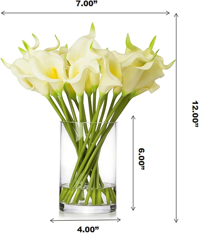 ENOVA FLORAL 20 Pieces Real Touch Calla Lilies Artificial Flowers with Vase, Faux Flowers Arrangement in Glass Vase with Faux Water for Tabletop Decor (Ivory)