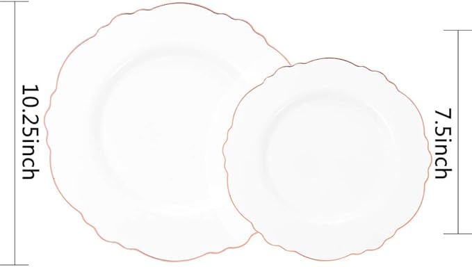 WDF 60pcs Rose Gold Plastic Plates-Baroque White &Rose Gold Disposable Plates including 30Plastic Dinner Plates 10.25inch, 30 Salad Plates 7.5inch for Wedding & Parties