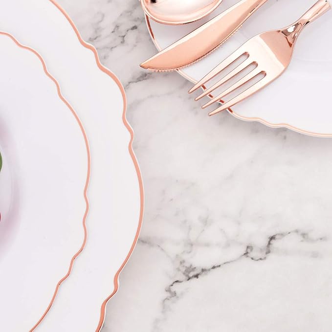 WDF 60pcs Rose Gold Plastic Plates-Baroque White &Rose Gold Disposable Plates including 30Plastic Dinner Plates 10.25inch, 30 Salad Plates 7.5inch for Wedding & Parties